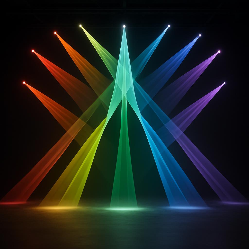 A multiple-ray laser light display, bright colors.